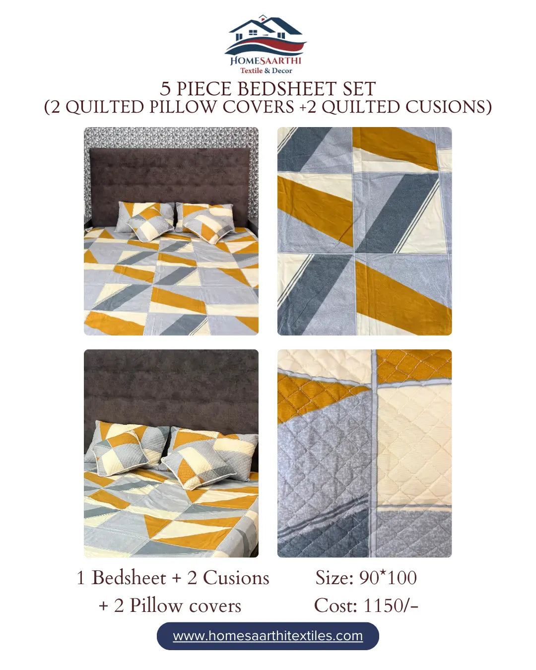Premium Geometric 5 Piece Bedsheet Set – 90x100 | Grey & Mustard (Quilted Pillow Covers & 2 Cushions) HOME SAARTHI