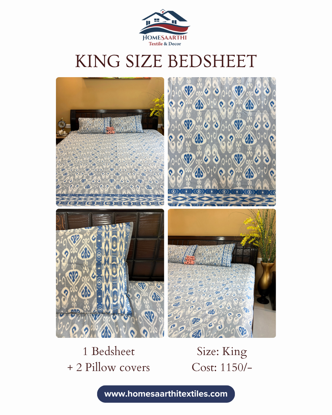 Grey and Blue Ikat Geometric King Size Cotton Bedsheet HOME SAARTHI