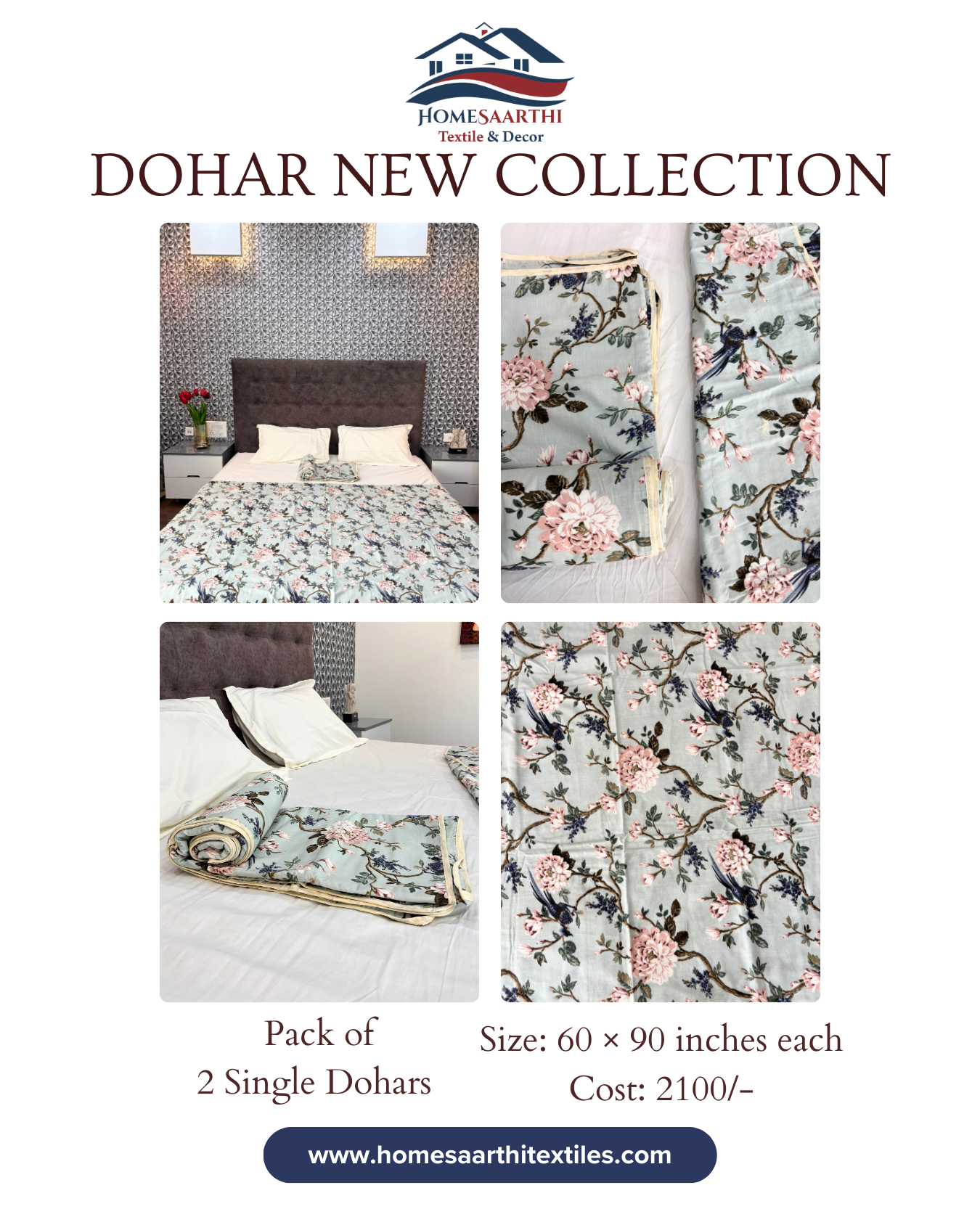 Pastel Mint Green Floral & Bird Print 3 Layered Mul-Mul Fabric Pure Cotton Dohar HOME SAARTHI