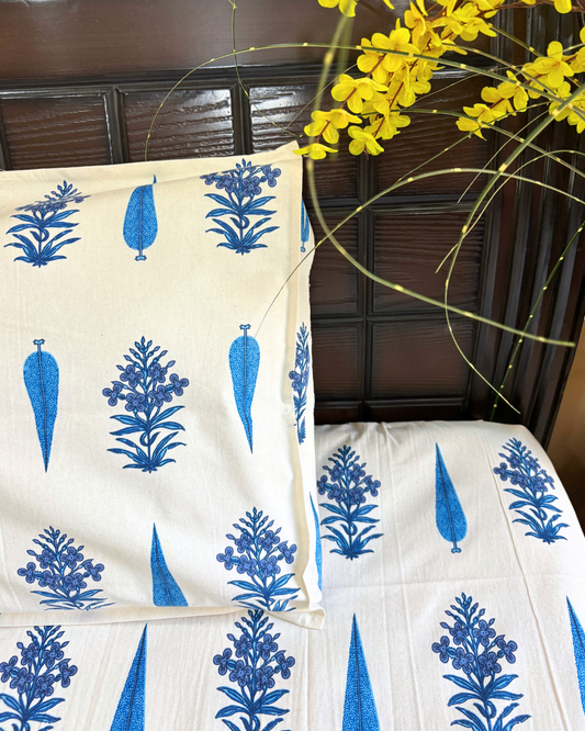 Blue and White Block Print Cypress Floral King Size Cotton Bedsheet HOME SAARTHI
