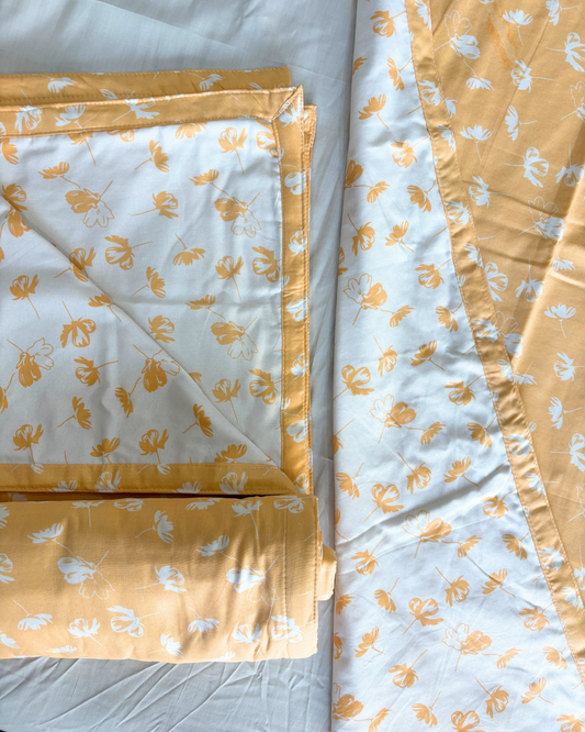 Orange & Off White Floral Print 3 Layered Mul-Mul Fabric Pure Cotton Double Sided Dohar HOME SAARTHI