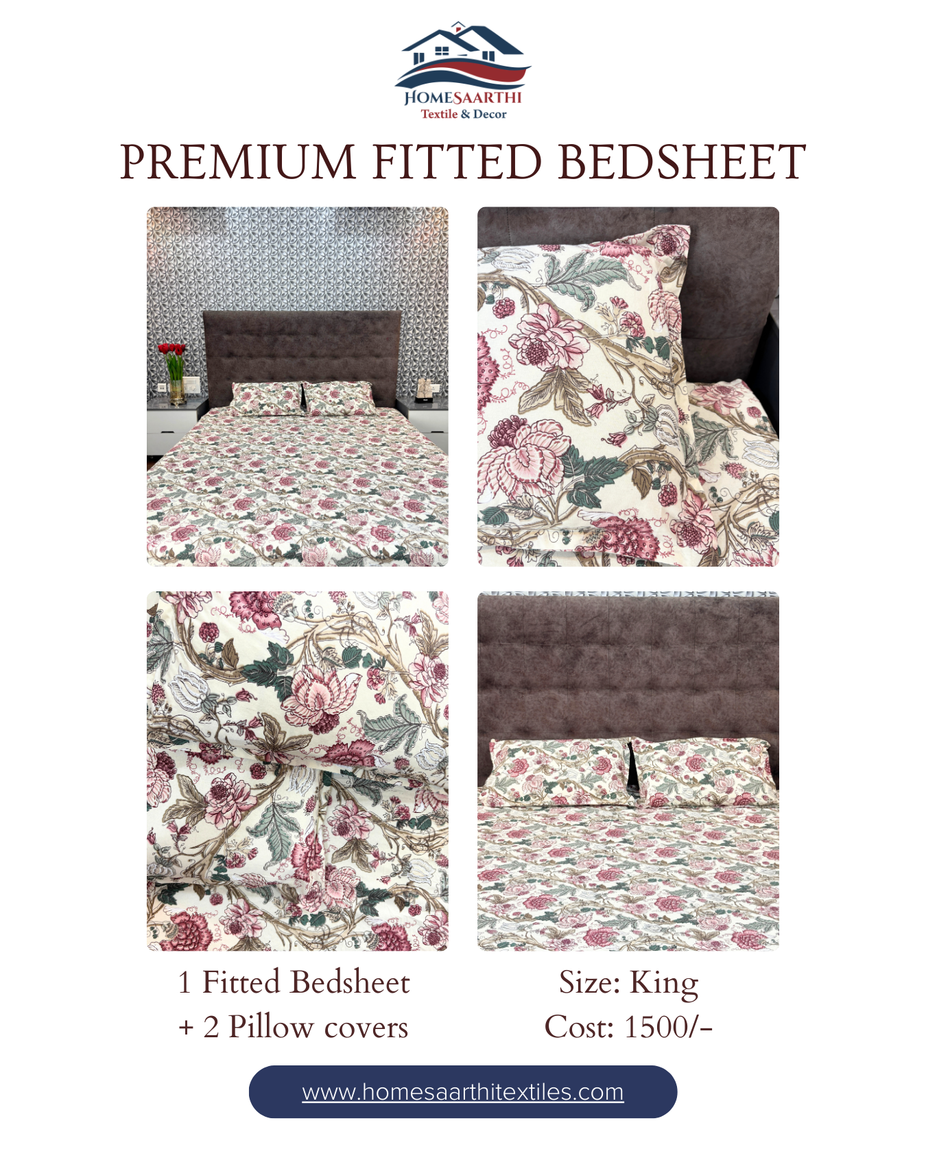 Ivory & Rose Pink Floral Premium King Fitted Bedsheet With 2 Pillow Covers HOME SAARTHI