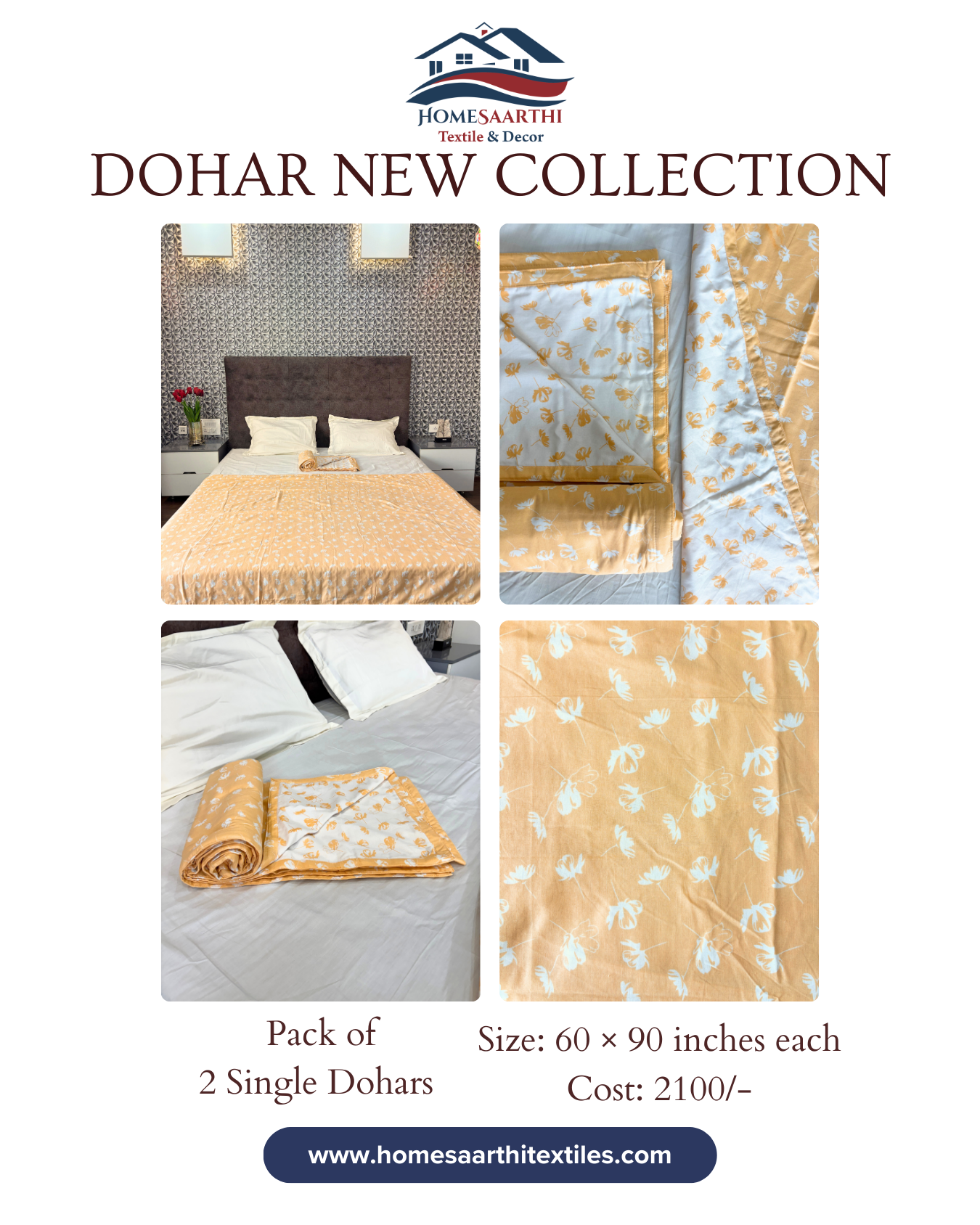 Orange & Off White Floral Print 3 Layered Mul-Mul Fabric Pure Cotton Double Sided Dohar HOME SAARTHI