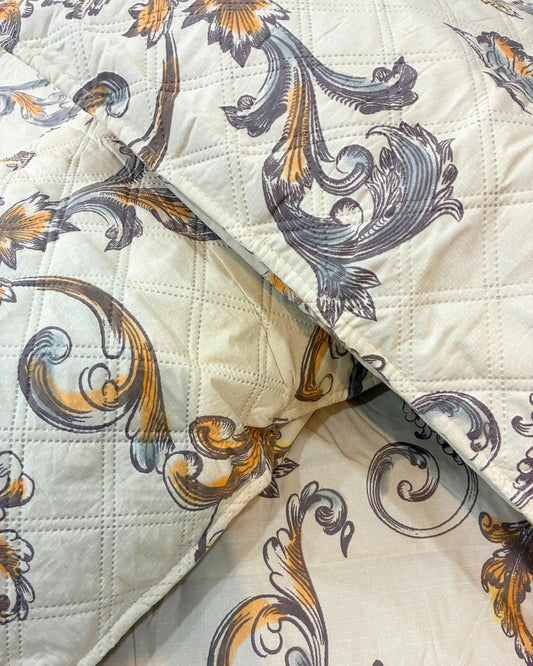 Ivory & Mustard Ornamental Floral King Size Bedsheets with Quilted Pillow Covers