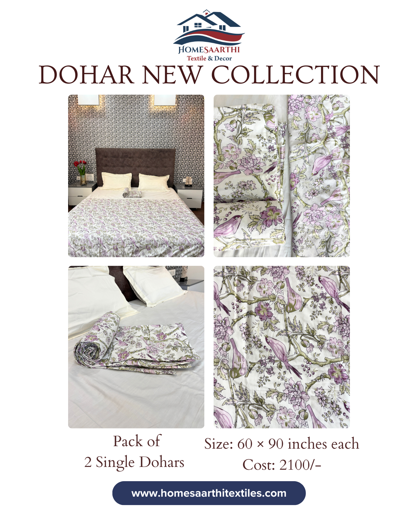 White & Lavender Floral Bird Print 3 Layered Mul-Mul Fabric Pure Cotton Dohar HOME SAARTHI