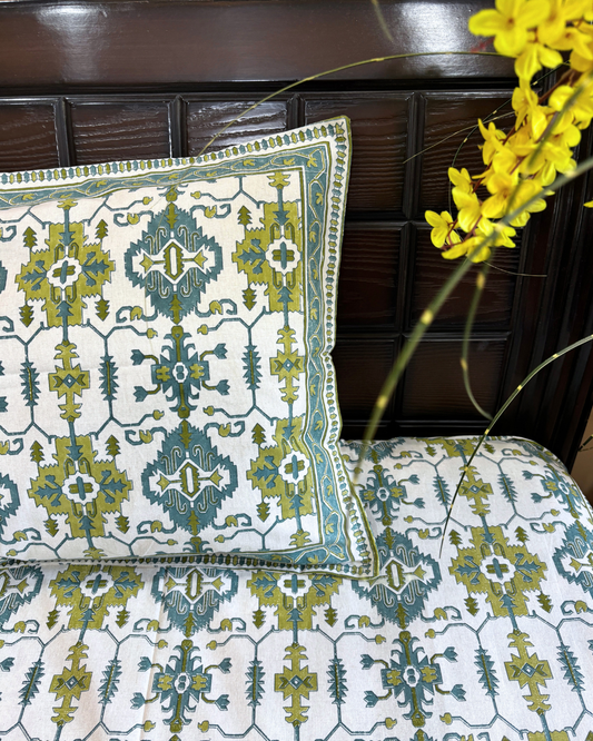 Olive Green and Teal Geometric Tile King Size Cotton Bedsheet HOME SAARTHI