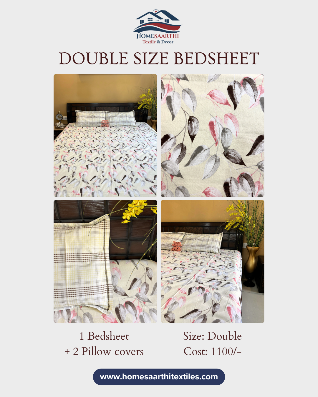Cream and Pink Watercolor Leafy Floral Double Size Cotton Bedsheet HOME SAARTHI