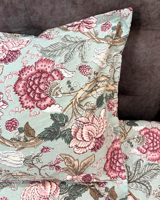 Mint Green & Pink Floral Premium King Fitted Bedsheet With 2 Pillow Covers HOME SAARTHI