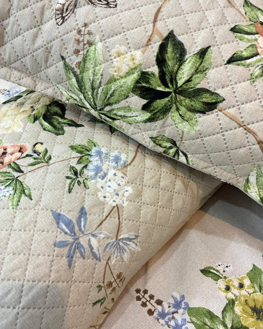 Ivory and Green Botanical Floral King Size Bedsheets with Quilted Pillow Covers