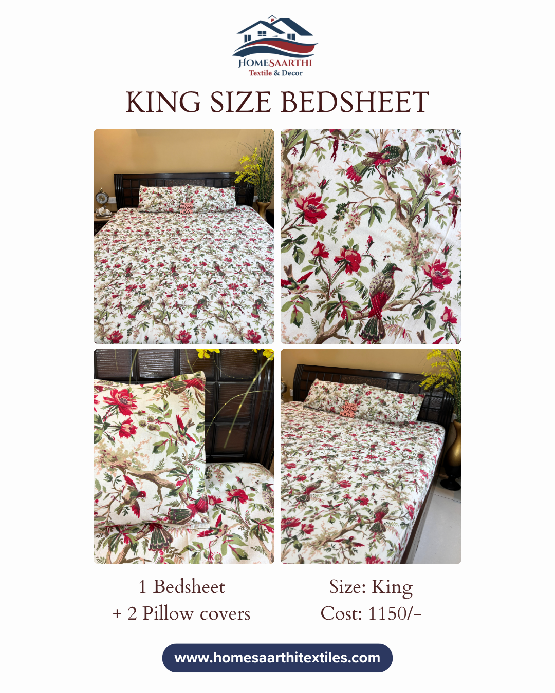 Red and Olive Green Floral Avian Chintz King Size Cotton Bedsheet HOME SAARTHI