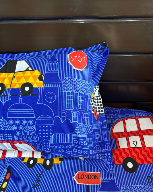 Royal Blue City Traffic Print King Size Bedsheets