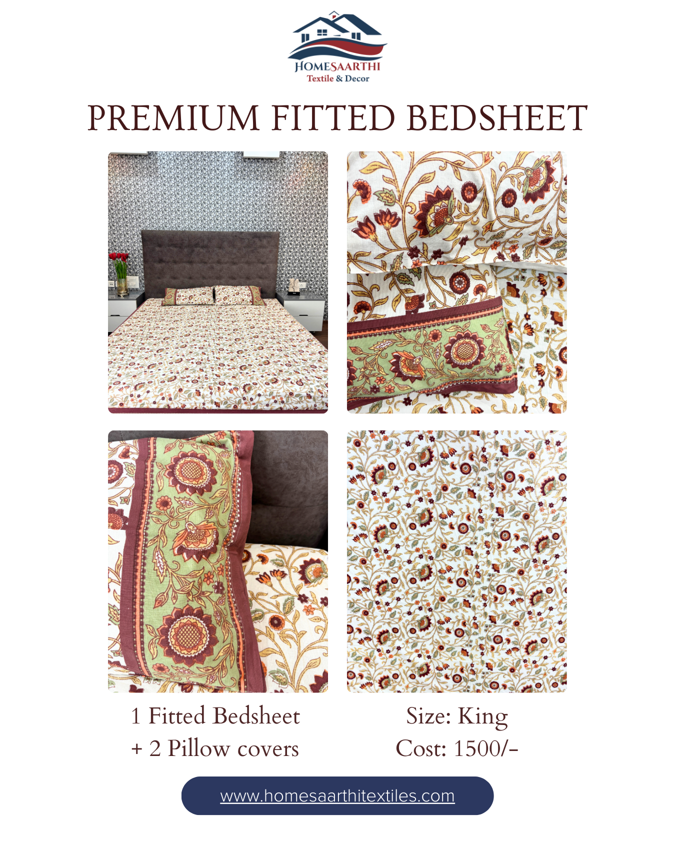 Cream & Maroon Floral Premium King Fitted Bedsheet With 2 Pillow Covers HOME SAARTHI