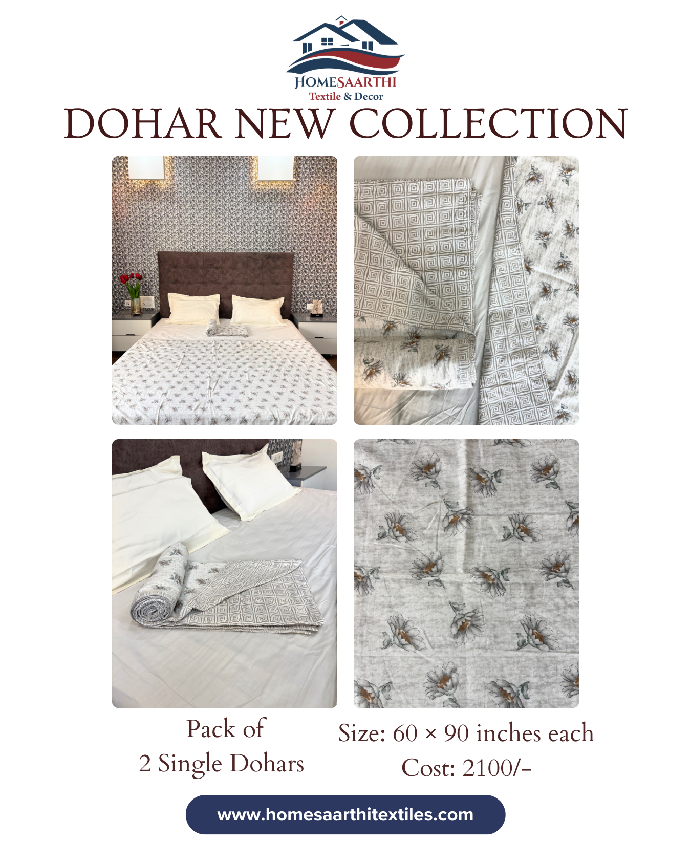 Grey & White Floral with Geometric Print 3 Layered Mul-Mul Fabric Pure Cotton Double Sided Dohar HOME SAARTHI