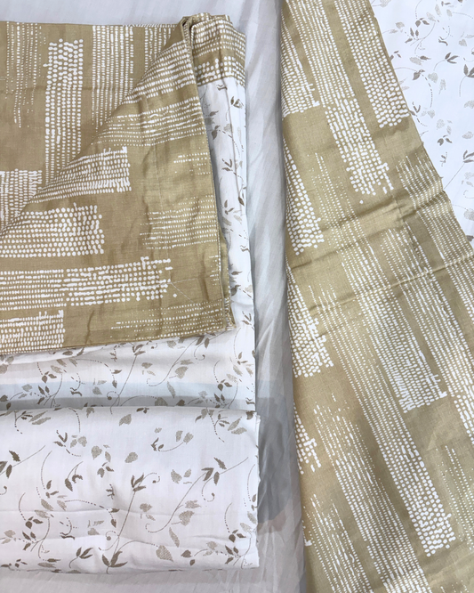 Beige & White Floral with Abstract Geometric Print 3 Layered Mul-Mul Fabric Pure Cotton Double Sided Dohar HOME SAARTHI