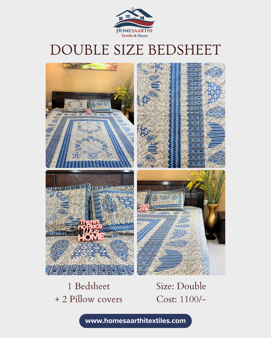 Indigo Blue Abstract Block Print Double Size Cotton Bedsheet HOME SAARTHI