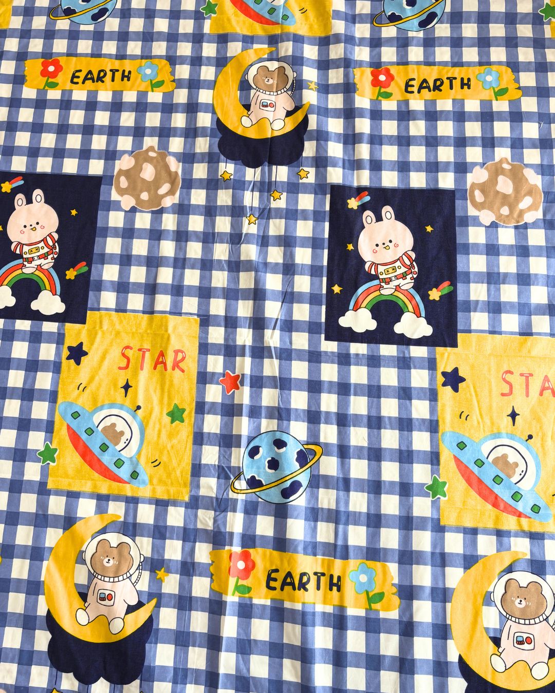 Blue Checked Space & Cartoon Print King Size Bedsheets