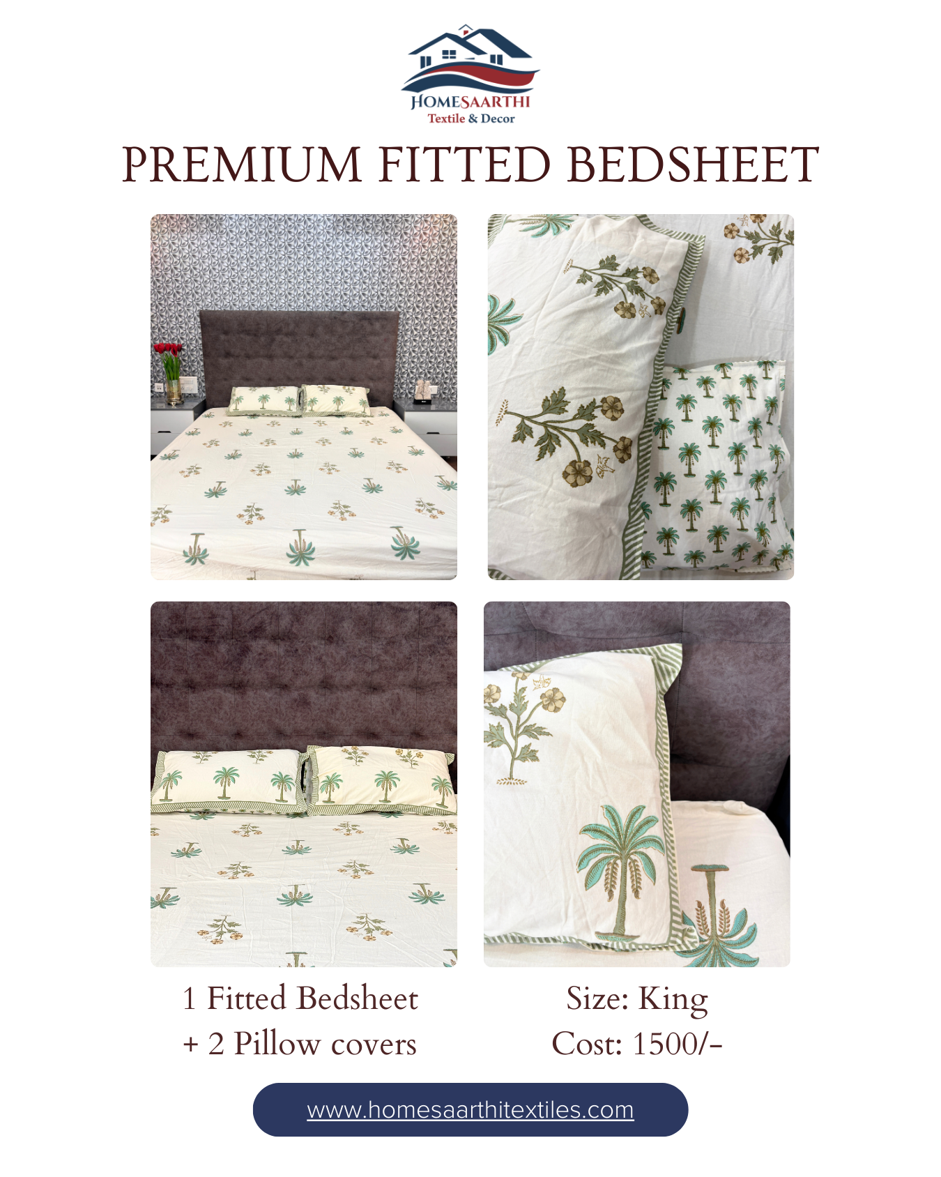 Ivory & Green Tropical Floral Premium King Fitted Bedsheet With 2 Pillow Covers HOME SAARTHI
