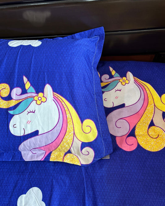 Royal Blue Unicorn & Star Print King Size Bedsheets HOME SAARTHI