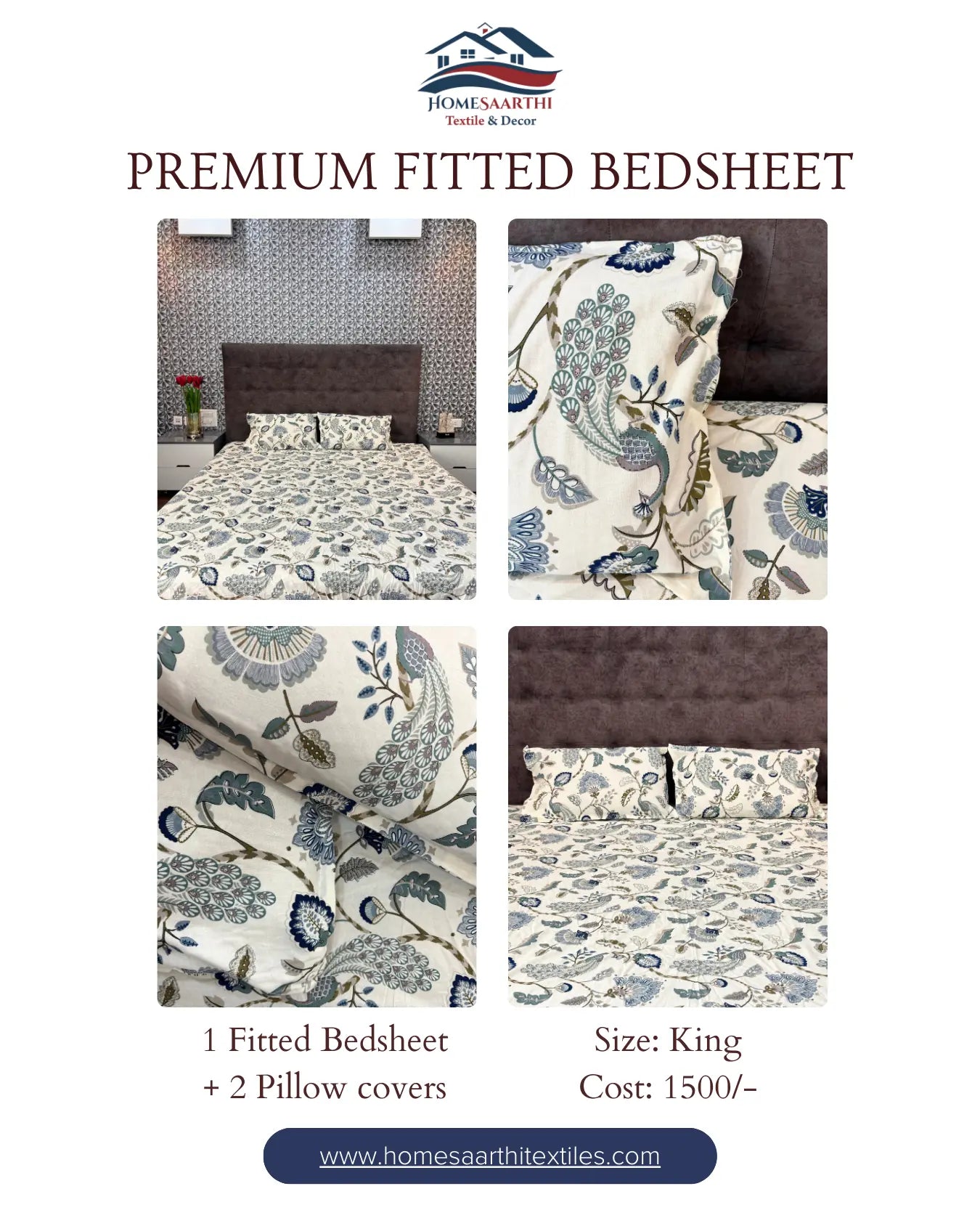 Blue and Olive Floral Premium King Fitted Bedsheet With 2 Pillow Covers HOME SAARTHI