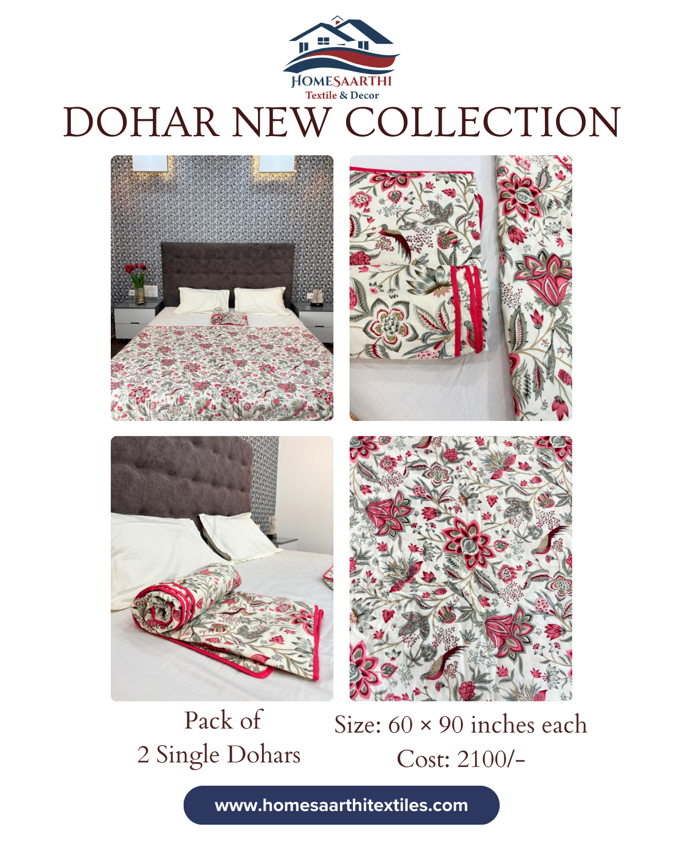 White & Pink Floral 3 Layered Mul-Mul Fabric Pure Cotton Dohar HOME SAARTHI