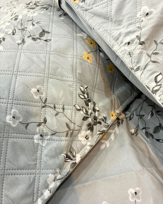 Soft Grey Floral King Size Bedsheets with Quilted Pillow Covers