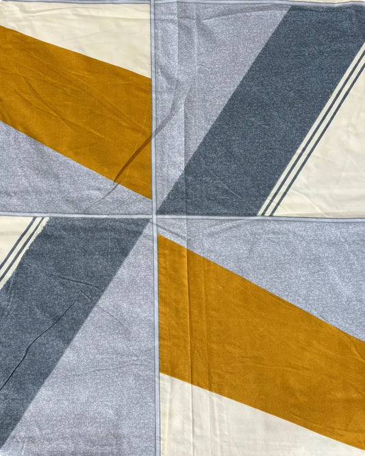 Premium Geometric 5 Piece Bedsheet Set – 90x100 | Grey & Mustard (Quilted Pillow Covers & 2 Cushions) HOME SAARTHI