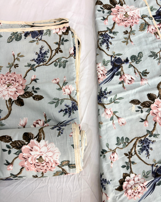 Pastel Mint Green Floral & Bird Print 3 Layered Mul-Mul Fabric Pure Cotton Dohar HOME SAARTHI