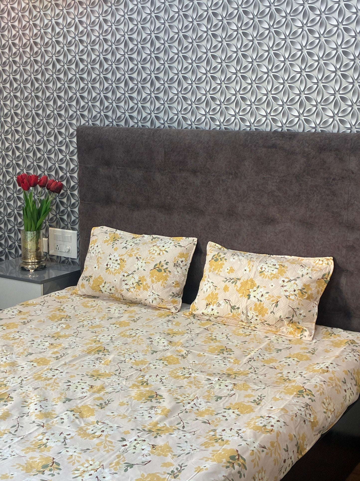 Cream & Mustard Yellow Floral King Size Bedsheets with Quilted Pillow Covers HOME SAARTHI