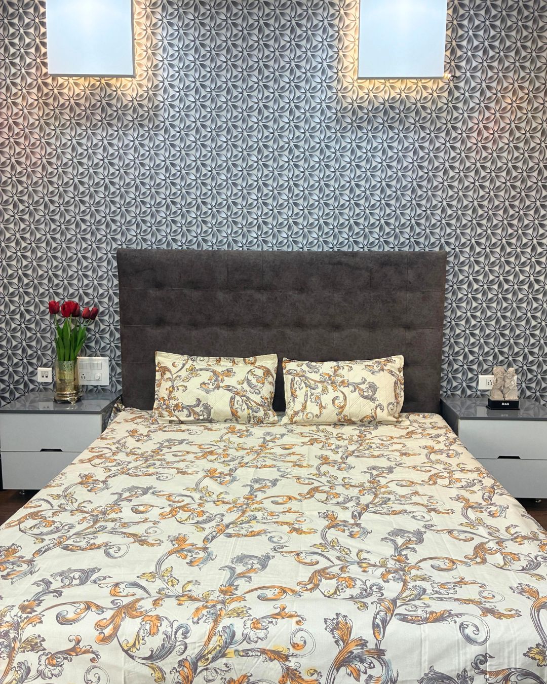 Ivory & Mustard Ornamental Floral King Size Bedsheets with Quilted Pillow Covers HOME SAARTHI