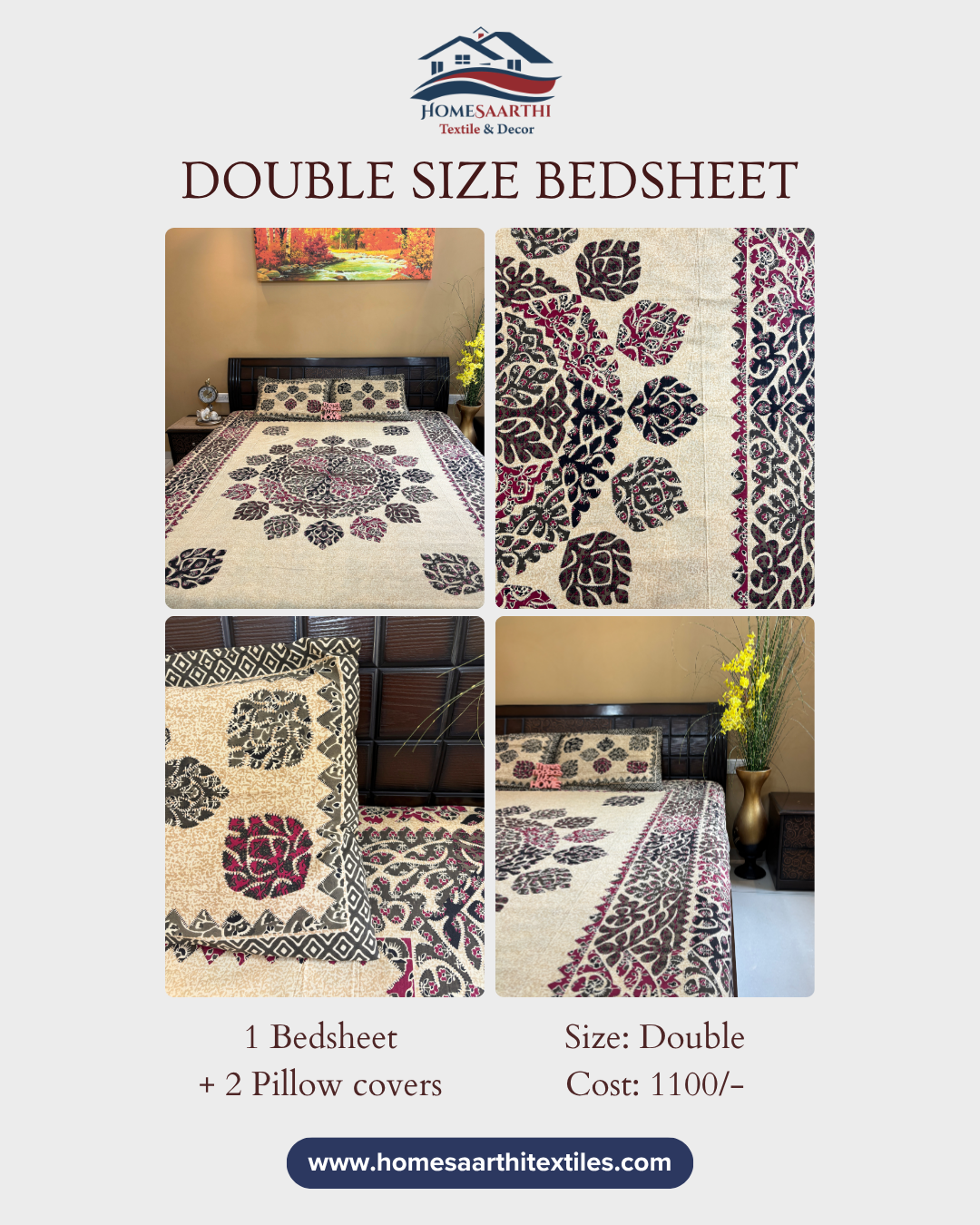 Beige and Wine Floral Mandala Double Size Cotton Bedsheet HOME SAARTHI