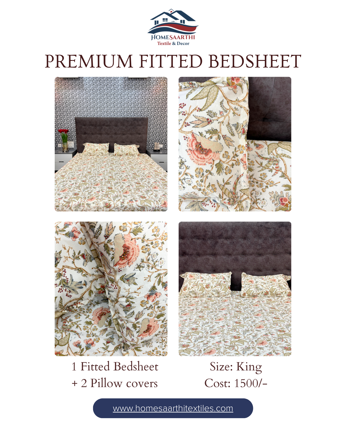 Ivory & Peach Floral Premium King Fitted Bedsheet With 2 Pillow Covers HOME SAARTHI