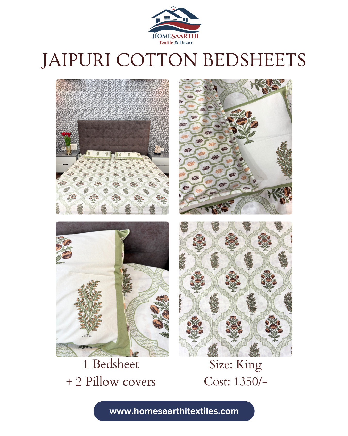 Ivory, Sage Green & Brown Floral Geometric Jaipuri Cotton King Bedsheet With 2 Pillow Covers