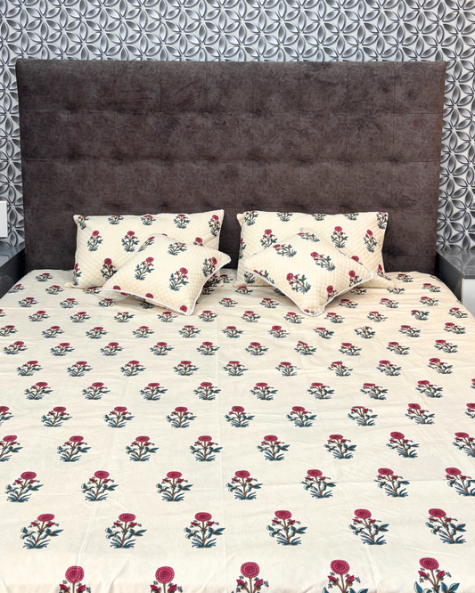 Premium 5 Piece Hand-Block Print Bedsheet Set - Quilted Pillow & Cushion Covers