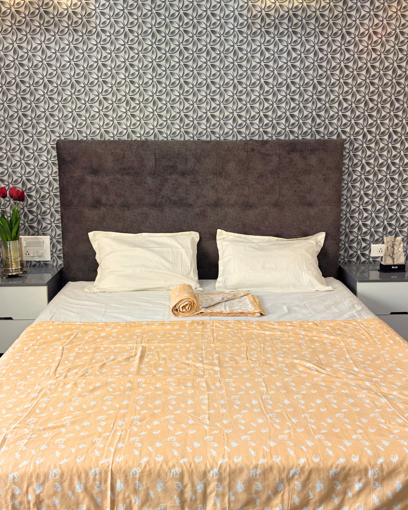 Orange & Off White Floral Print 3 Layered Mul-Mul Fabric Pure Cotton Double Sided Dohar