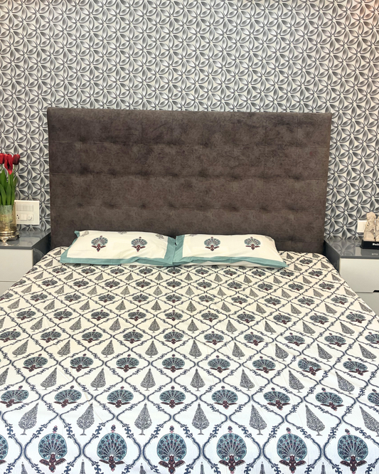 Cream, Teal Blue & Grey Floral Jaipuri Cotton King Bedsheet With 2 Pillow Covers