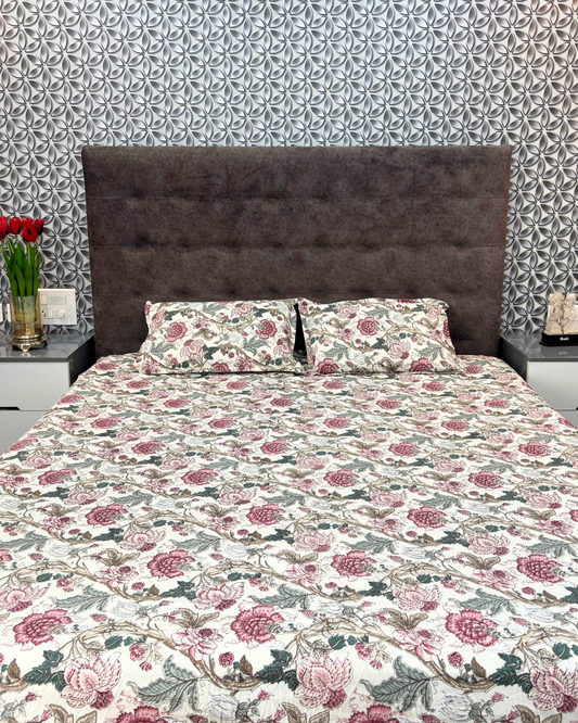 Ivory & Rose Pink Floral Premium King Fitted Bedsheet With 2 Pillow Covers