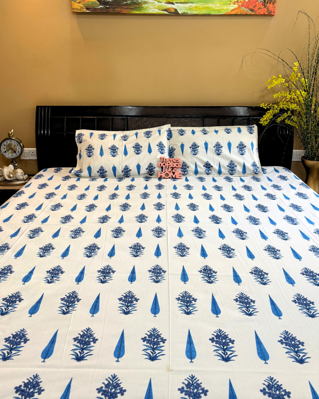 Blue and White Block Print Cypress Floral King Size Cotton Bedsheet HOME SAARTHI