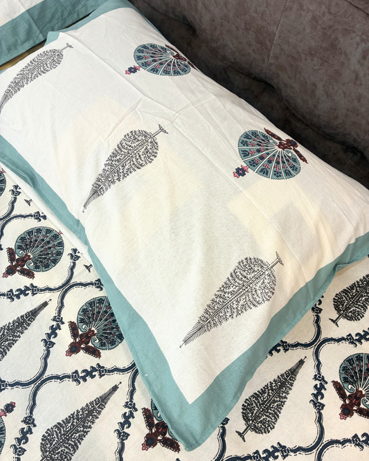 Cream, Teal Blue & Grey Floral Jaipuri Cotton King Bedsheet With 2 Pillow Covers HOME SAARTHI