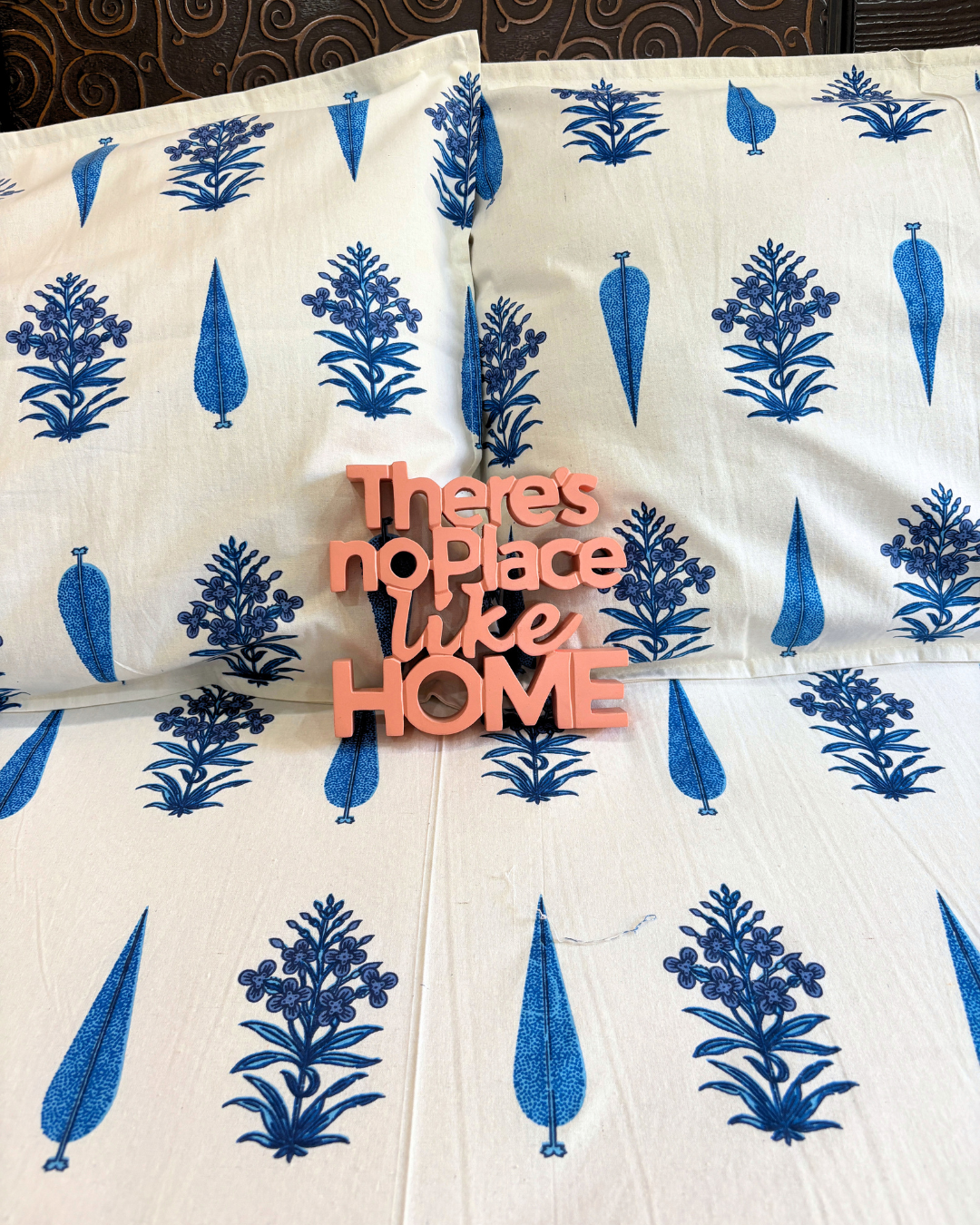 Blue and White Block Print Cypress Floral King Size Cotton Bedsheet HOME SAARTHI