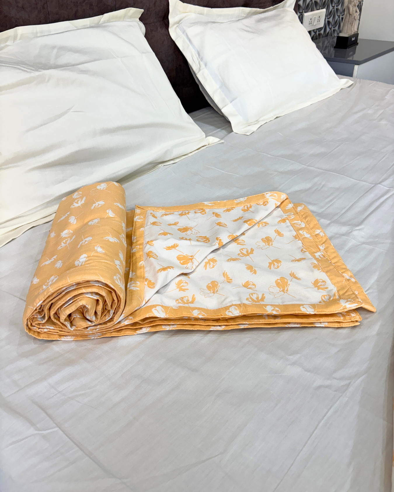 Orange & Off White Floral Print 3 Layered Mul-Mul Fabric Pure Cotton Double Sided Dohar