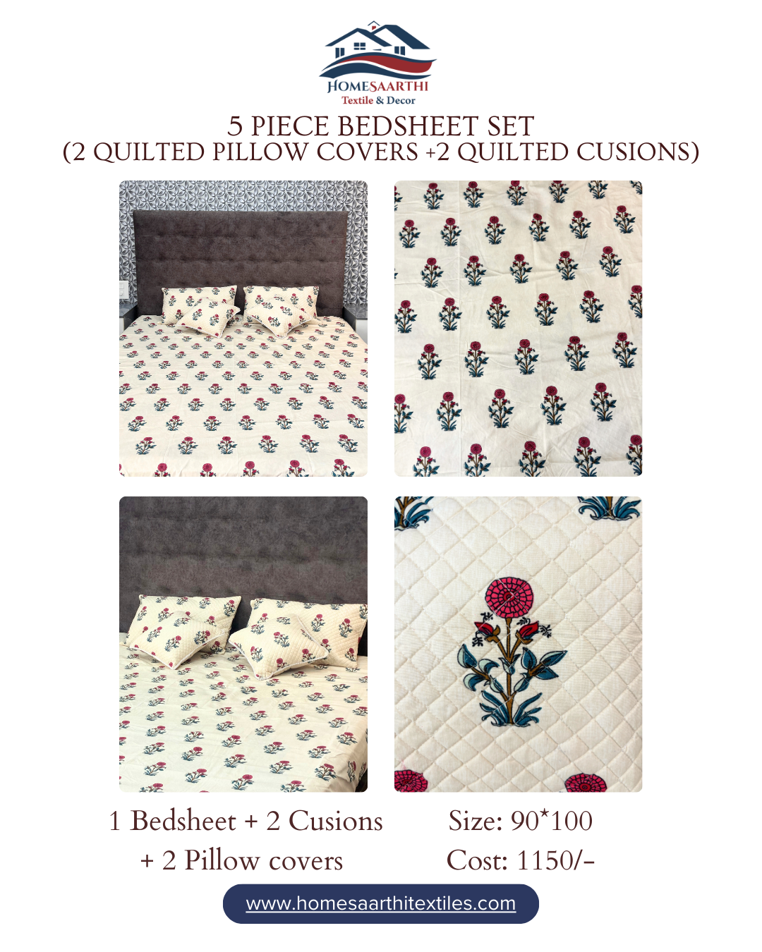 Premium 5 Piece Hand-Block Print Bedsheet Set - Quilted Pillow & Cushion Covers