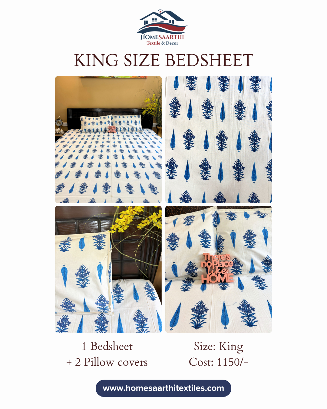 Blue and White Block Print Cypress Floral King Size Cotton Bedsheet HOME SAARTHI