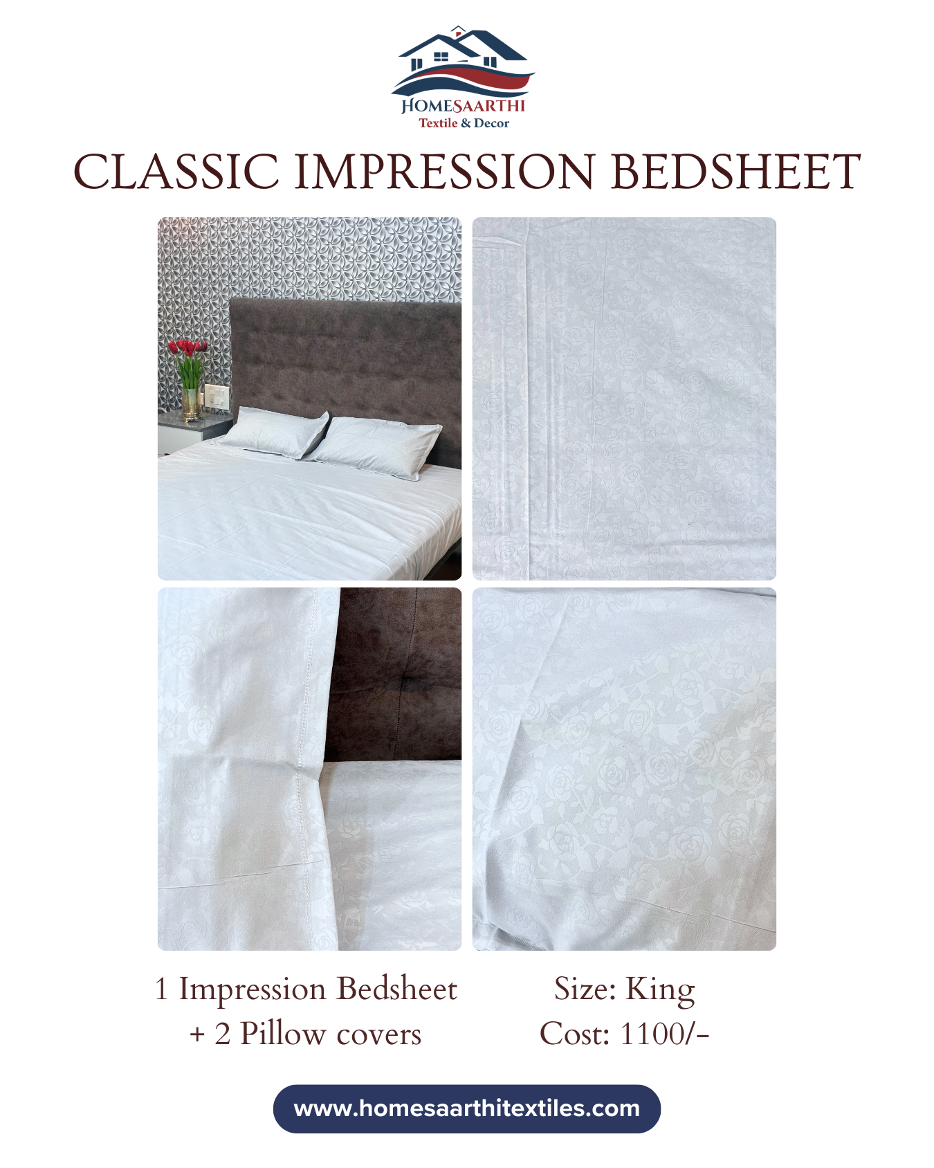 Elegant White Floral Impression Classic King Impression Bedsheets HOME SAARTHI