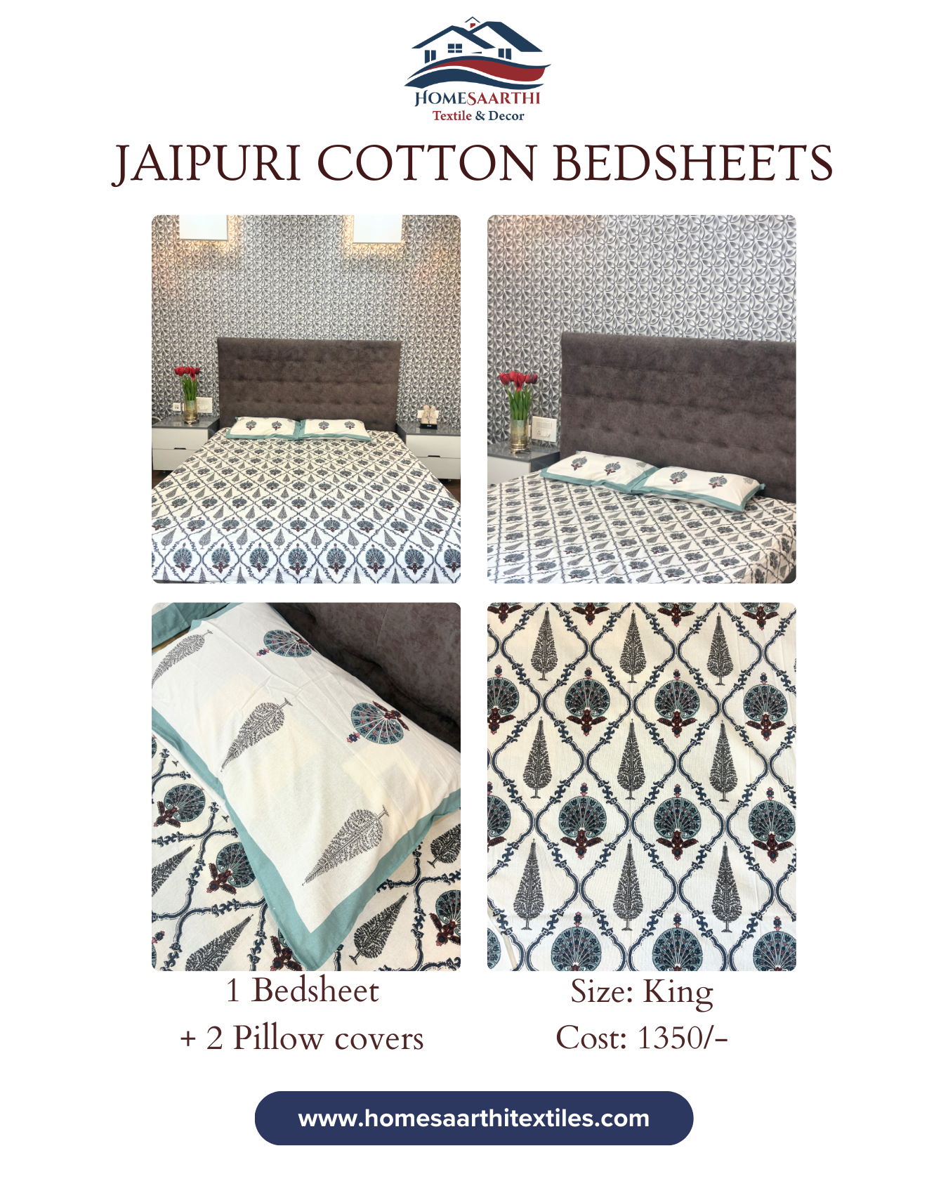 Cream, Teal Blue & Grey Floral Jaipuri Cotton King Bedsheet With 2 Pillow Covers HOME SAARTHI