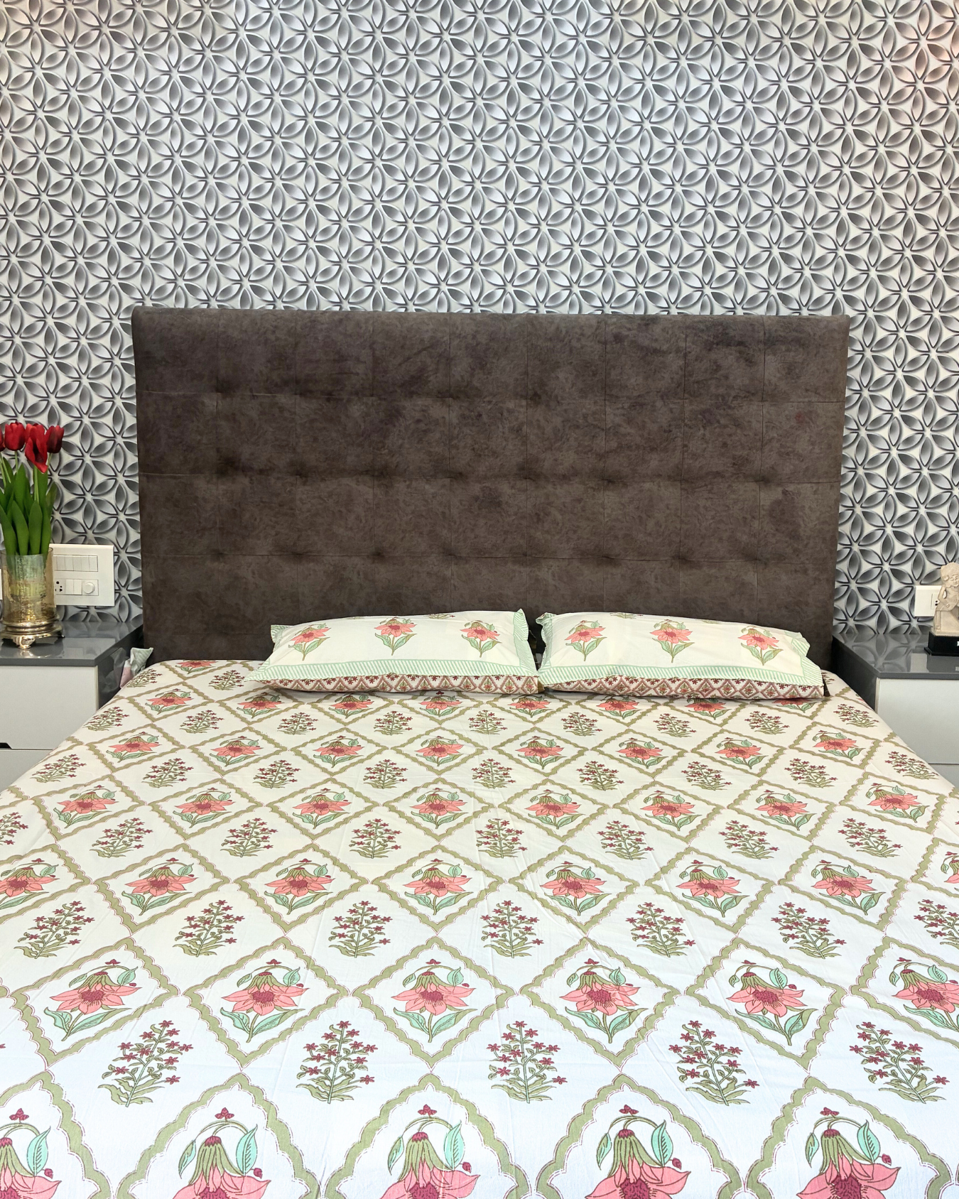 Ivory, Pink & Sage Green Floral Geometric Jaipuri Cotton King Bedsheet With 2 Pillow Covers