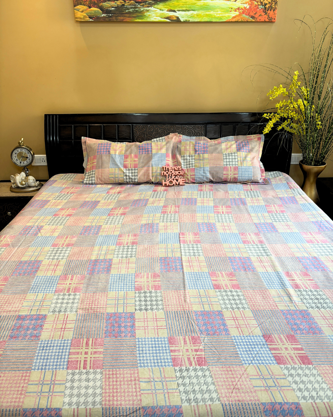 Multicolor Pastel Plaid and Houndstooth Double Size Cotton Bedsheet HOME SAARTHI