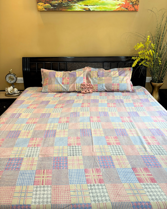 Multicolor Pastel Plaid and Houndstooth Double Size Cotton Bedsheet HOME SAARTHI