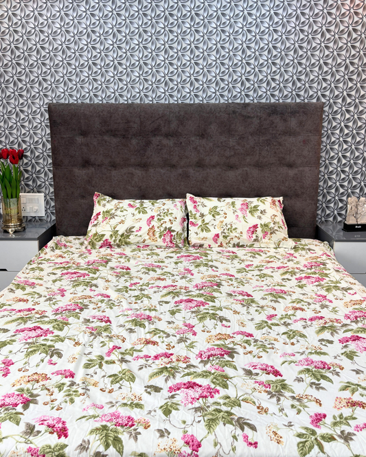 Ivory Pink & Green Floral Premium King Fitted Bedsheet With 2 Pillow Covers