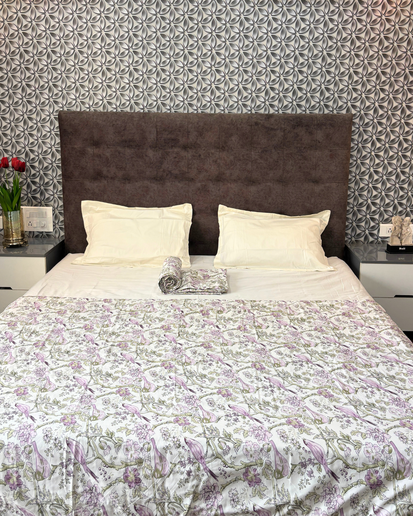 White & Lavender Floral Bird Print 3 Layered Mul-Mul Fabric Pure Cotton Dohar