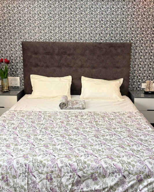 White & Lavender Floral Bird Print 3 Layered Mul-Mul Fabric Pure Cotton Dohar